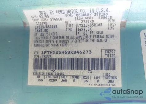 1995 Ford F250 из США, поврежденный, VIN 1FTHX25H6SKB46273